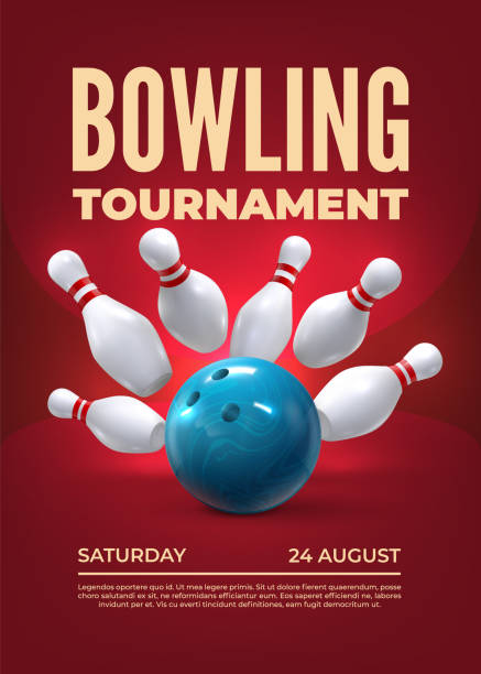 Bowling tournament. Realistic 3D sport tournament elements with skittles and bowling ball. Vector poster template Bowling tournament. Realistic 3D sport tournament elements with skittles and bowling ball. Vector poster template. Bad hitting strike, competition announcement. Entertainment event ten pin bowling stock illustrations