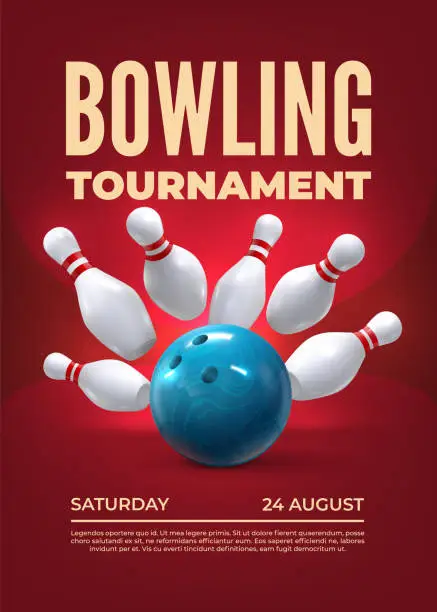 Vector illustration of Bowling tournament. Realistic 3D sport tournament elements with skittles and bowling ball. Vector poster template