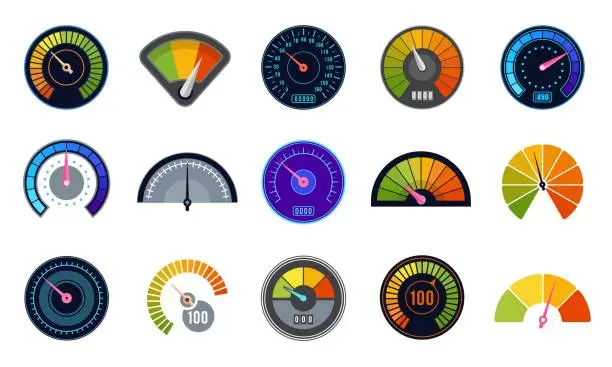Vector illustration of Speedometer set. Score measuring indicator with arrows and marks. Vector speed meter indicators
