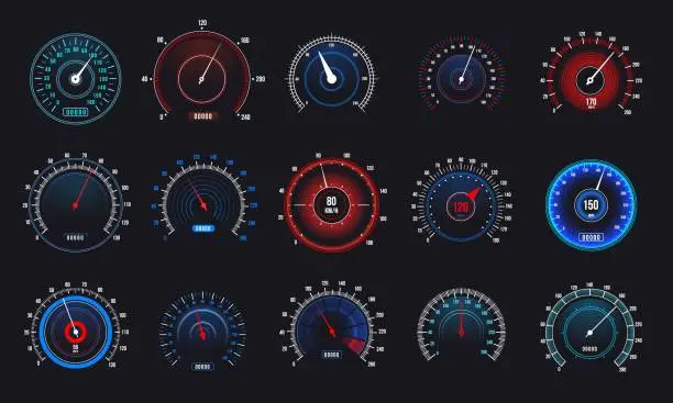 Vector illustration of Car speedometers set. Speed measurement automobile indicator, futuristic display with counter and arrow. Vector set