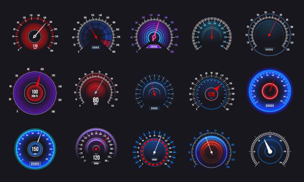 ilustrações de stock, clip art, desenhos animados e ícones de car speedometer. odometer and rpm motorbike gauge, automobile speed counter and tachometer. vector auto display set - speedometer odometer dial speed