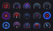 Car speedometer. Odometer and RPM motorbike gauge, automobile speed counter and tachometer. Vector auto display set