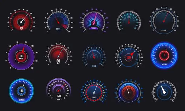Vector illustration of Car speedometer. Odometer and RPM motorbike gauge, automobile speed counter and tachometer. Vector auto display set