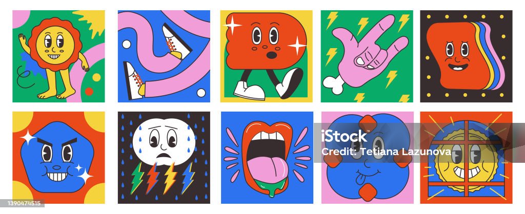 Ilustración de Formas Psicodélicas De Dibujos Animados Personajes Y Formas De Cómic Abstracto Con Caras De Imágenes Prediseñadas Vintage Conjunto De Banners Cuadrados Vectoriales y más Vectores Libres de Derechos de Ilustración - Ilustración de Formas Psicodélicas De Dibujos Animados Personajes Y Formas De Cómic Abstracto Con Caras De Imágenes Prediseñadas Vintage Conjunto De Banners Cuadrados Vectoriales y más Vectores Libres de Derechos de Ilustración -