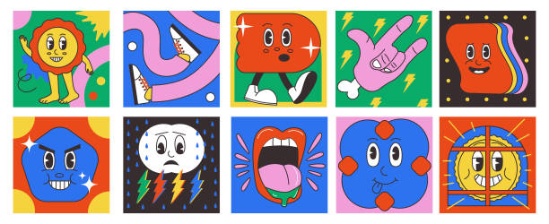 Cartoon psychedelic shapes. Abstract comic characters and shapes with vintage clip art faces. Vector square banners set Cartoon psychedelic shapes. Abstract comic characters and shapes with vintage clip art faces. Vector square banners set. Figures with different emotions, bad weather, shouting mouth cruel illustrations stock illustrations