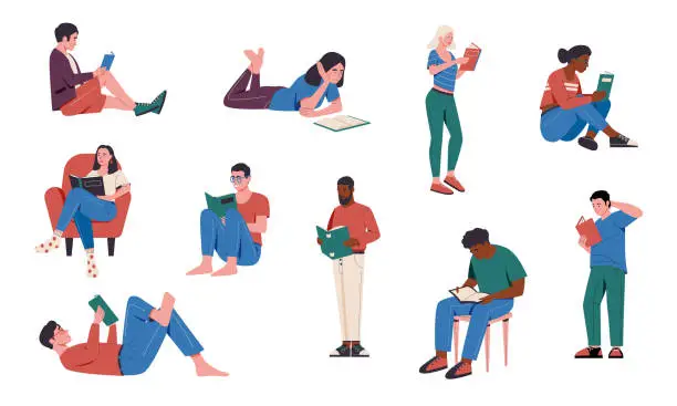 Vector illustration of Book lovers. People holding books, cartoon characters reading brochures and magazines, Vector set of men and women sitting with books