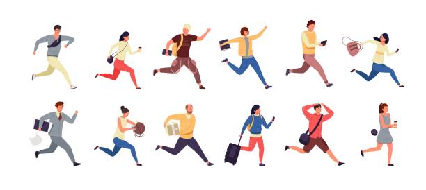 ilustrações de stock, clip art, desenhos animados e ícones de hurrying people. cartoon people late for work, men and women characters in casual clothes running and jogging. vector set - young men illustrations