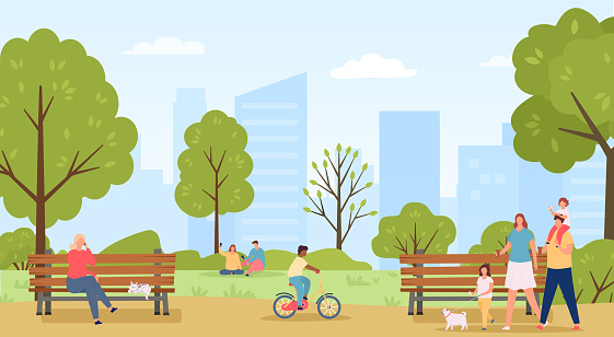People walk in public park. Family going with children and dog pet eating ice cream. Kid riding bicycle, couple sitting on grass lawn and taking selfie photos. Woman talking on phone vector
