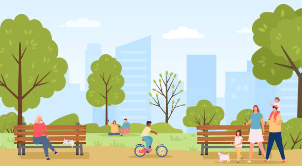 People walk in public park. Family going with children and dog pet eating ice cream. Kid riding bicycle, couple sitting on grass vector art illustration