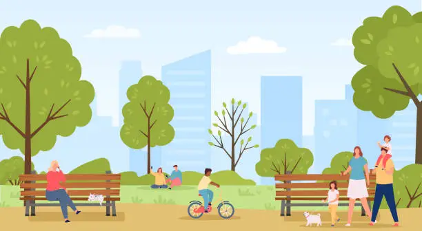 Vector illustration of People walk in public park. Family going with children and dog pet eating ice cream. Kid riding bicycle, couple sitting on grass