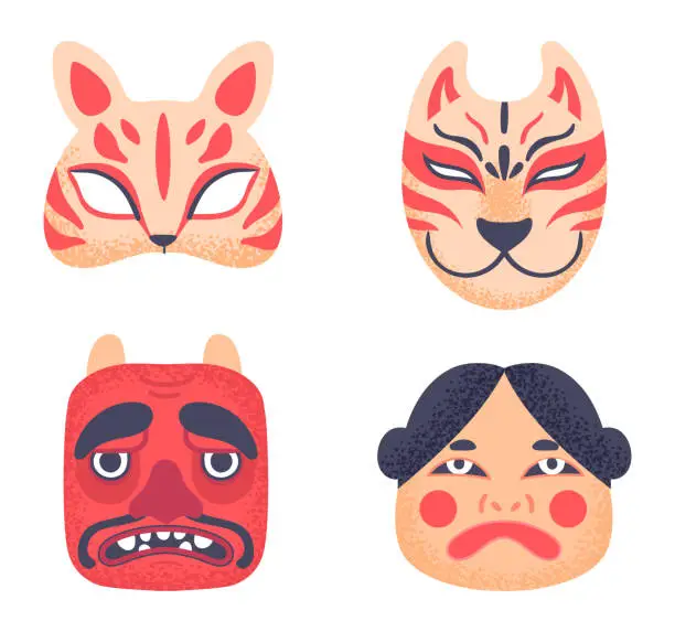 Vector illustration of Asian culture symbols. Authentic japanese theatre masks faces. Traditional mythology characters for masquerade