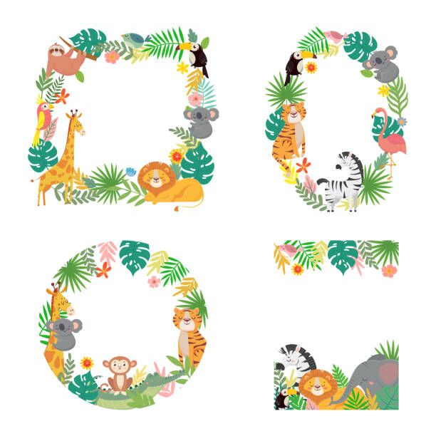 illustrations, cliparts, dessins animés et icônes de cadre d’animaux de dessin animé. feuilles vertes de palmier tropical avec des bordures de tigre, de lion, de girafe, de koala et d’éléphant - monkey tropical rainforest tree cartoon