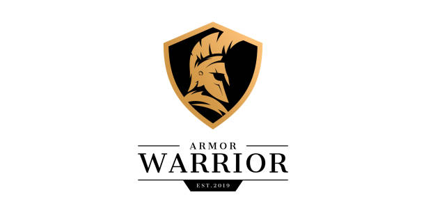 ilustrações, clipart, desenhos animados e ícones de espartano shield warrior armor gold protection design do logotipo do capacete grego - fighting sword knight suit of armor