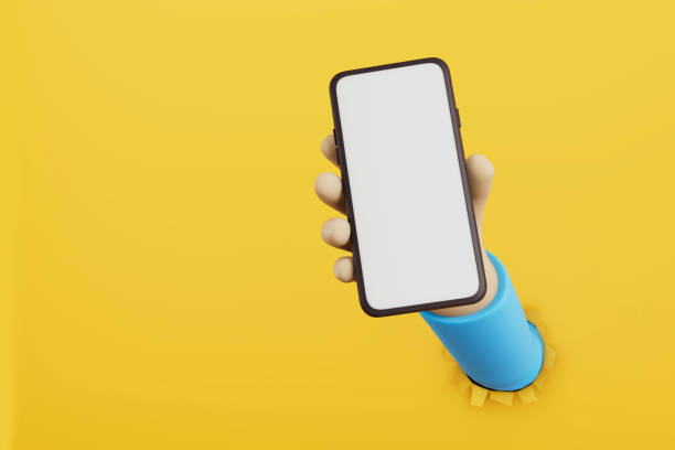 istock Hand holding  mockup smartphone on yellow background. 3d render. 1390478737