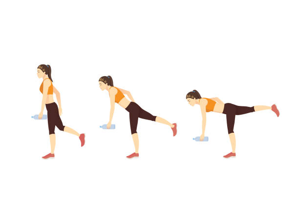 illustrations, cliparts, dessins animés et icônes de sport woman utilisant une bouteille d’eau pour faire de l’exercice single leg deadlift en 3 étapes. exercice rapide et facile avec de l’équipement à la maison. - lift arm