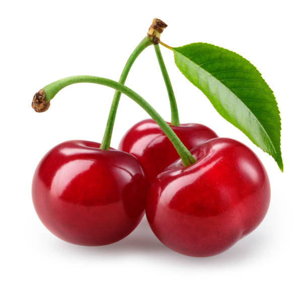 istock Cherry isolated. Cherries with leaf on white background. Three sour cherri on white. Cherry leaf. With clipping path. Full depth of field. 1390480959