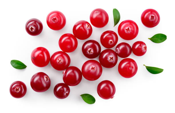 Cranberry isolated. Cranberries with leaves on white background. Cranberry berries top view with clipping path. Full depth of field. Cranberry isolated. Cranberries with leaves on white background. Cranberry berries top view with clipping path. Full depth of field. cranberry stock pictures, royalty-free photos & images