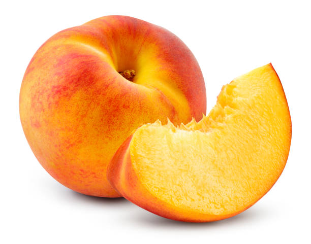 istock Peach isolated. Whole peach with slice on white background. Peach fruit cut out. With clipping path. Full depth of field. 1390481181