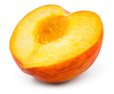Peach half isolated. Peach on white background. Peach slice with clipping path. Full depth of field.