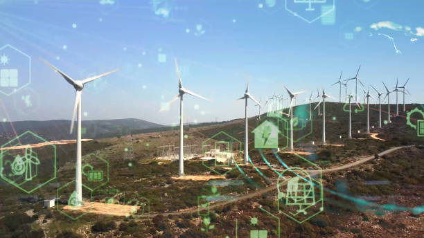 istock Wind power plant and technology. Smart grid. Renewable energy. Sustainable resources. 1390481860