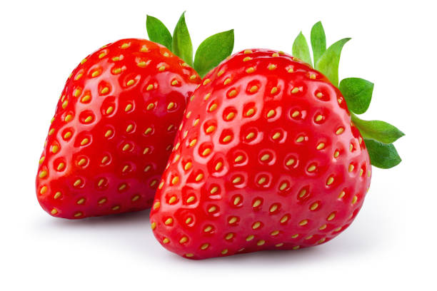 istock Strawberries isolated. Strawberry with leaf on white background. Two whole strawberries with clipping path. Side view. Full depth of field. 1390481901