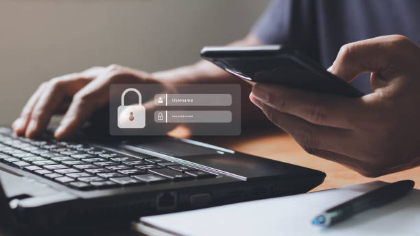 multi-factor authentication, user, login, cybersecurity privacy proteggono i dati. tecnologia di sicurezza della rete internet. dati crittografati. privacy personale online. minaccia hacker informatica. - security network security lock computer foto e immagini stock