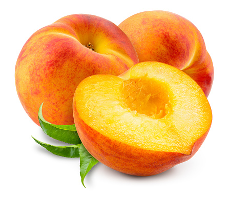 Peach isolated. Three peaches with leaves on white background. Peach fruit with a half cut out. With clipping path. Full depth of field.