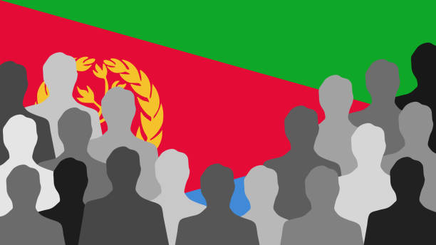 Eritrean men Black and white men silhouettes standing in front of an Eritrean flag silhouette of a eritrea stock illustrations