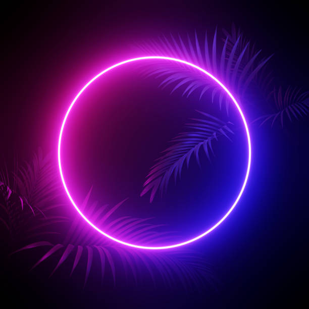 istock Neon lighting, palms and abstract shapes background. 3d rendering 1390486409