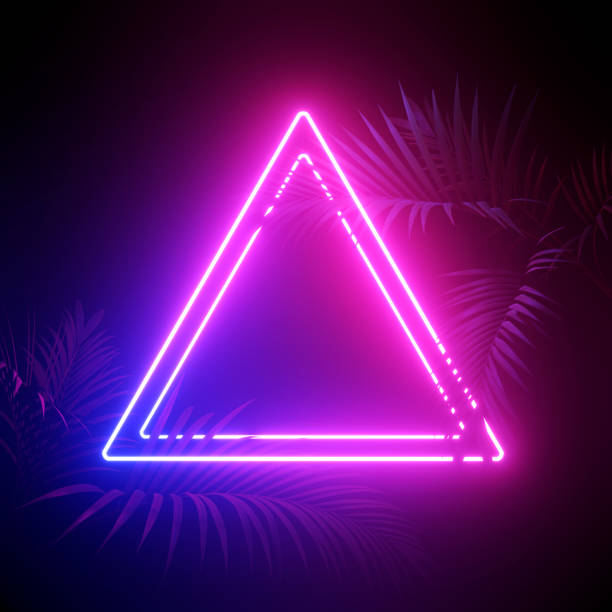 istock Neon lighting, palms and abstract shapes background. 3d rendering 1390486486