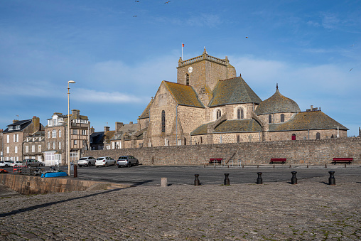 Architecture of the church and town of Barfleur in Normandy, France