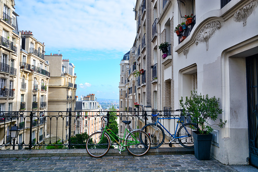 Beautiful buildings facades Montmartre district of Paris, France