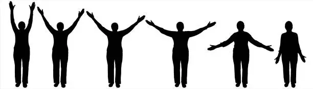 Vector illustration of An older woman slowly raises her hands up. Six human poses for arm movement animation. Sport. Charging for an older person. Raising two hands up. Black female silhouettes are isolated on a white.