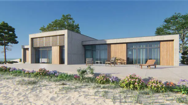 3d rendering of modern beach house exterior.