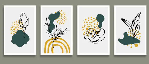 Vector illustration of Vector set of creative minimalist hand drawn foliage illustrations for wall decoration postcard or brochure cover banner background collection