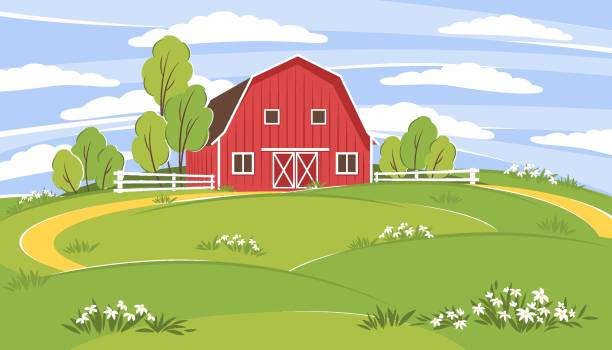 ilustraciones, imágenes clip art, dibujos animados e iconos de stock de granja 01 - farm barn