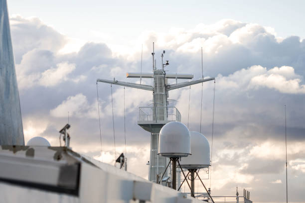 shipping sea car ferry radar system on boat mast, satellite system - sea safety antenna radar imagens e fotografias de stock