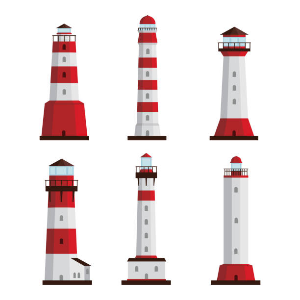 Set of different types of lighthouses white background. Vector searchlight towers for maritime navigation guidance, coastline architecture buildings in cartoon style. Set of different types of white-red lighthouses white background. Vector searchlight towers for maritime navigation guidance, coastline architecture buildings in cartoon style. lighthouse stock illustrations