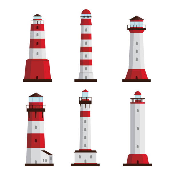 Set of different types of lighthouses white background. Vector searchlight towers for maritime navigation guidance, coastline architecture buildings in cartoon style. Set of different types of white-red lighthouses white background. Vector searchlight towers for maritime navigation guidance, coastline architecture buildings in cartoon style. Beacon stock illustrations