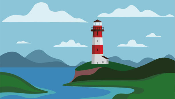 leuchtturm am meer mit bergen im hintergrund. vektor-illustration suchscheinwerferturm für maritime navigationsführung, küstenarchitektur gebäude im cartoon-stil. - wasserrand stock-grafiken, -clipart, -cartoons und -symbole