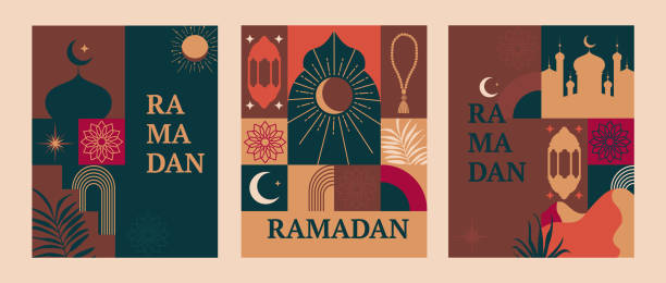 Set banners for Ramadan. Ramadan kareem banners, flyers. Greeting cards for traditional muslim holiday with symbols lamp, mosque, crescent, rosary for happy celebration. Islamic greeting poster, template for media,web. Vector ramadan stock illustrations