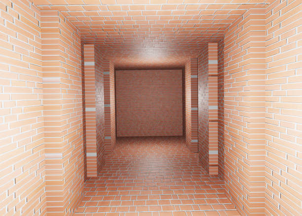 3D render abstract red wall bricks corridor with minimal interior background. tunnel with the floor. Geometric Wallpaper\nfor wall decor