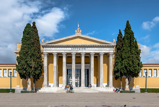 Athens, Greece - March 6 2022: The facade of Zappeio, a palatial building next to the National Gardens of Athens in the heart of the city.