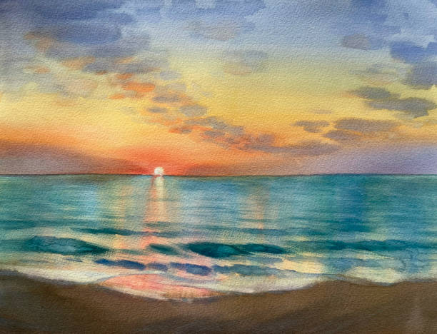 istock Evening sky reflections by the sea watercolor background 1390505945