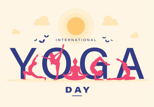 ilustraciones, imágenes clip art, dibujos animados e iconos de stock de logotipo del póster del día internacional del yoga diferente tipo mañana asana silueta conjunto colección vector banner - stretching exercising gym silhouette