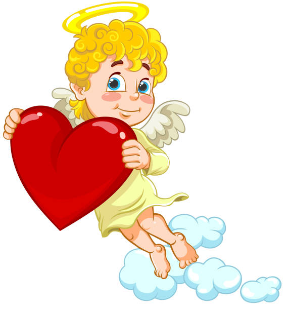 engel baby mit herz. - angel cherub heart shape smiling stock-grafiken, -clipart, -cartoons und -symbole