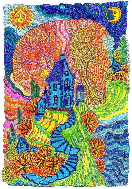 istock Fantasy sea landscape colored with felt-tip pens. Fairy tale medieval castle on the Mediterranean island. White framed T-shirt print 1390514789