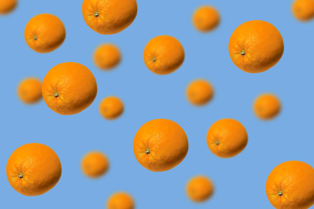 Orange fruits in a row on a yellow background. stock photo