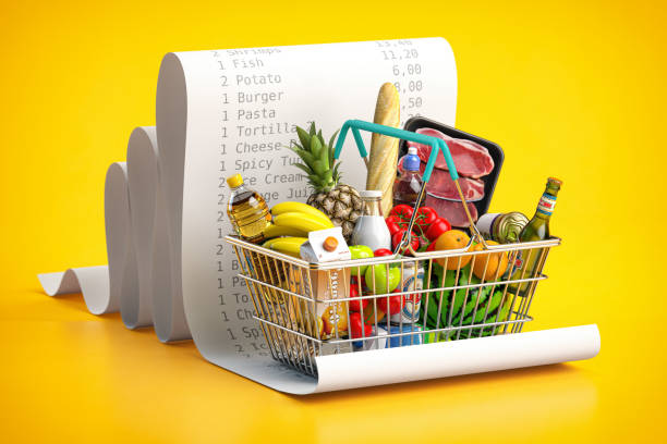 shopping basket with foods on receipt. grocery  expenses budget, inflation and consumerism concept. - supermarket imagens e fotografias de stock