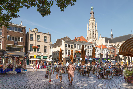 Breda, The Netherlands, September 7, 2021; Grote Markt in Breda with a view of Our Lady Church.